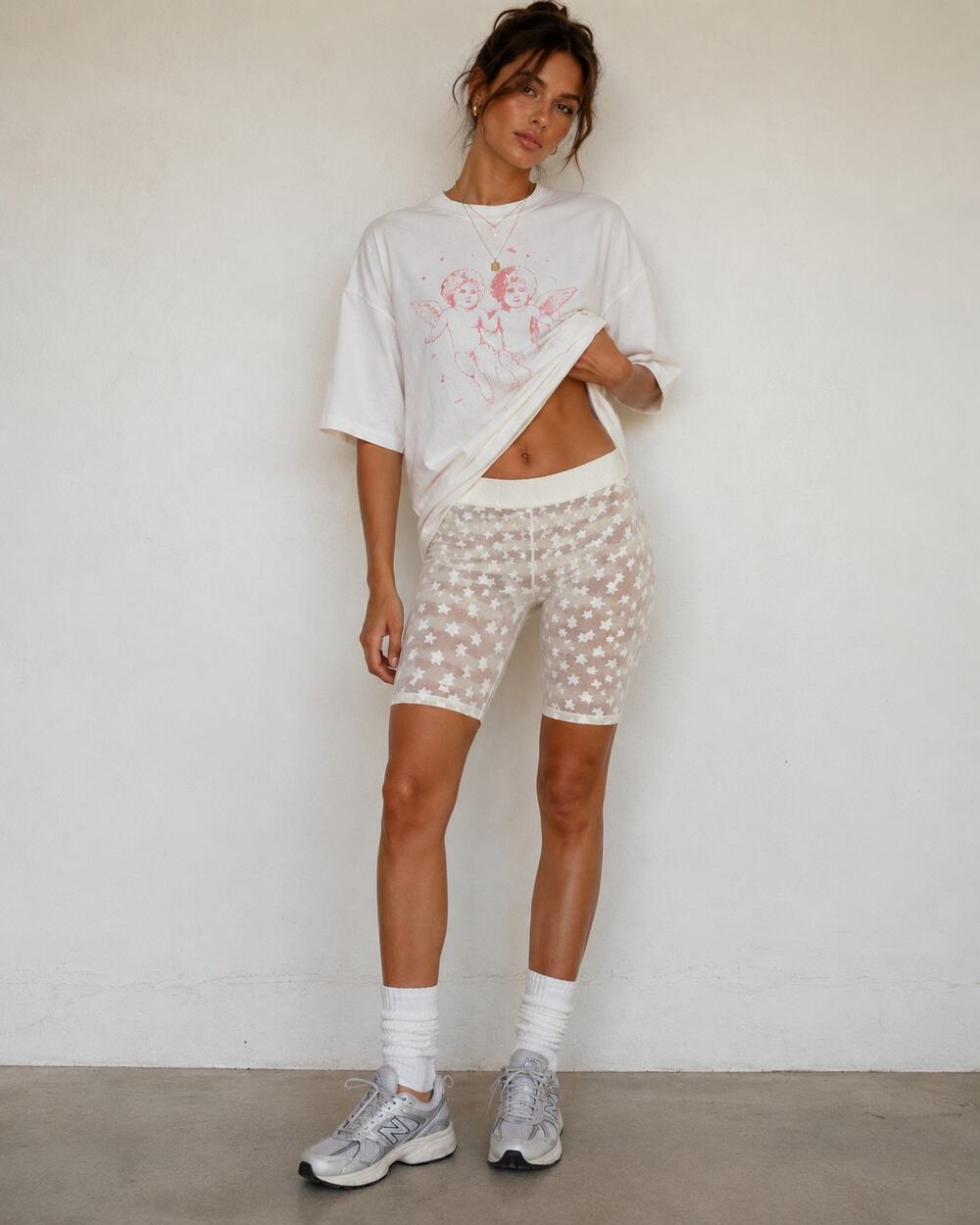 Ricki Brazil | Ivory Sheer Mesh Flocked Star Biker Shorts Festival Y2K Size S